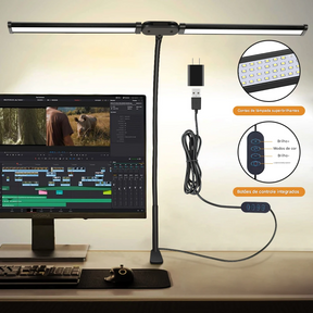 Luminária de Mesa LED com Cabeça Dupla e Clipe com 3 Modos de Cor