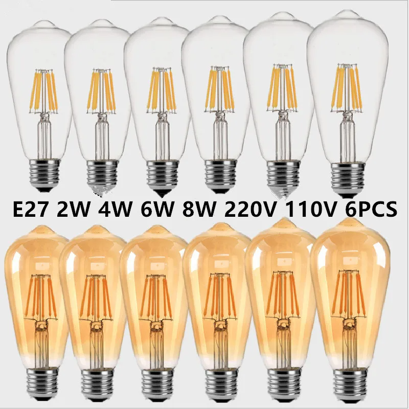 Conjunto de 6 Lâmpadas LED Vintage ST64 com Filamento Dourado, Potência Variável de 2W a 8W, Compatível com Soquetes E27 e B22, Intensidade de Luz Regulável.