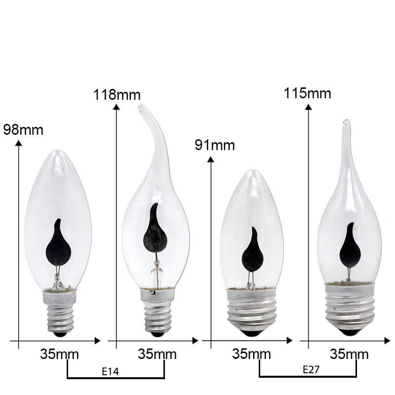 Lâmpada LED Vintage Edison Tipo Vela E14 E27 3W Efeito Chama AC220V para Dec