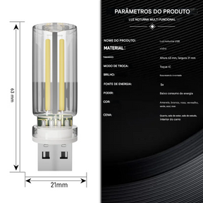 Luz de Ambiente USB com Toque e Dimerização LED Filamento Plug and Play