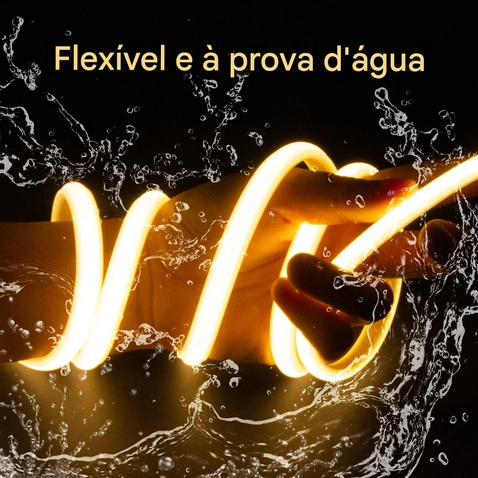 Fita LED 220V resistente à água com interruptor de fácil acesso para ligar e desligar. Ideal para ambientes internos e externos, oferecendo iluminação contínua e segura.