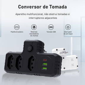 Régua de Tomadas com Extensão e Portas USB - 2M 110-220V Multiplos Padrões