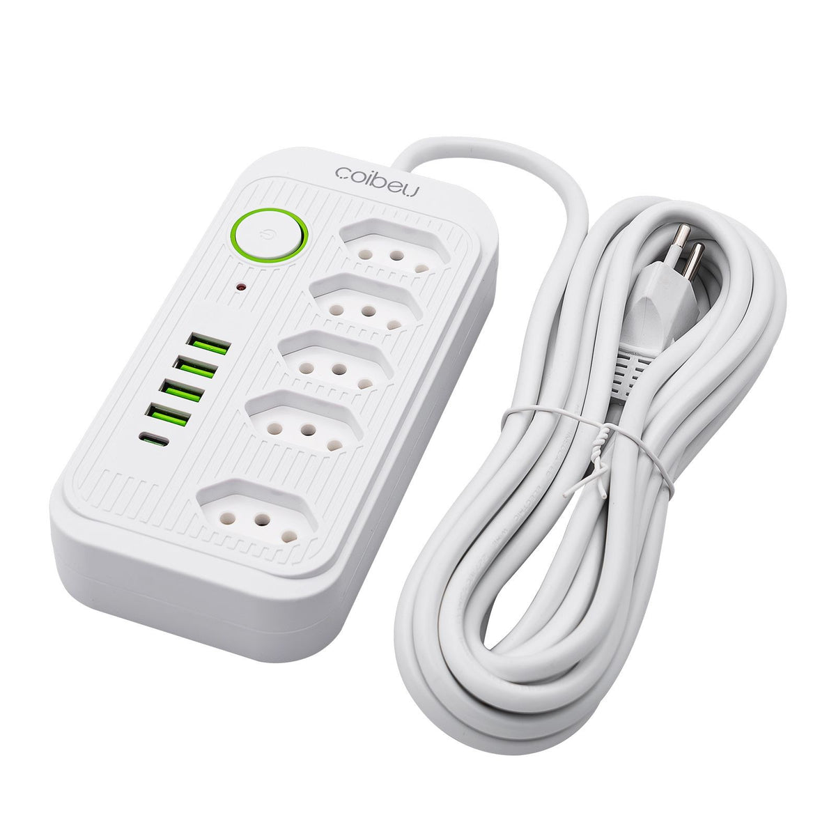 Régua de Tomadas com Extensão de 5 Metros, Compatível com 110-220V, Inclui Portas USB, Padrão Brasileiro.