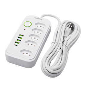 Régua de Tomadas com Extensão de 5 Metros, Compatível com 110-220V, Inclui Portas USB, Padrão Brasileiro.