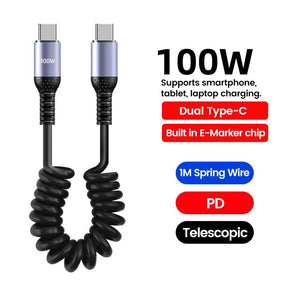 Cabo USB-C 66W Tipo Mola  com Carregamento Rápido Tipo-C