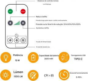 Lâmpada LED USB Recarregável E27 com Controle de Toque e Timer Regulável