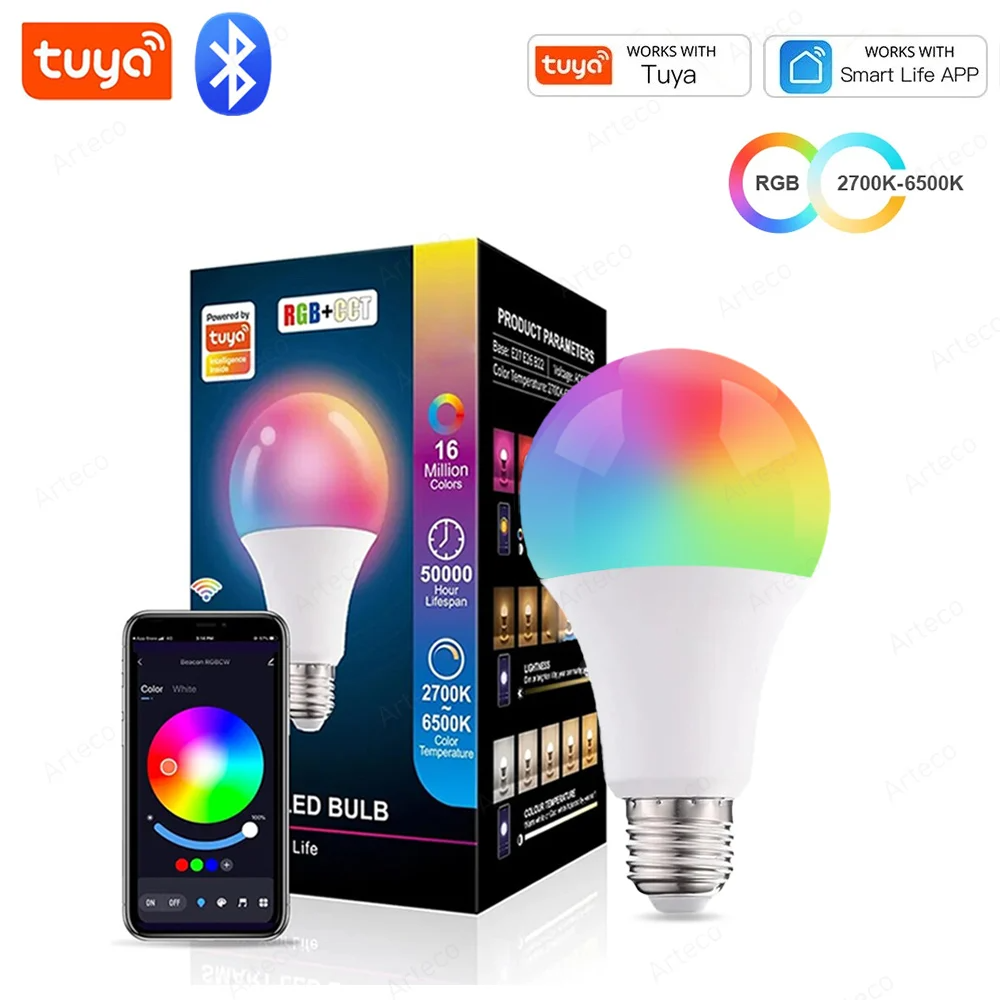 Iluminação moderna e eficiente com a lâmpada LED inteligente Bluetooth Tuya, 15W, regulável, compatível com AC85-265V. Ajuste o brilho e controle remoto via aplicativo.