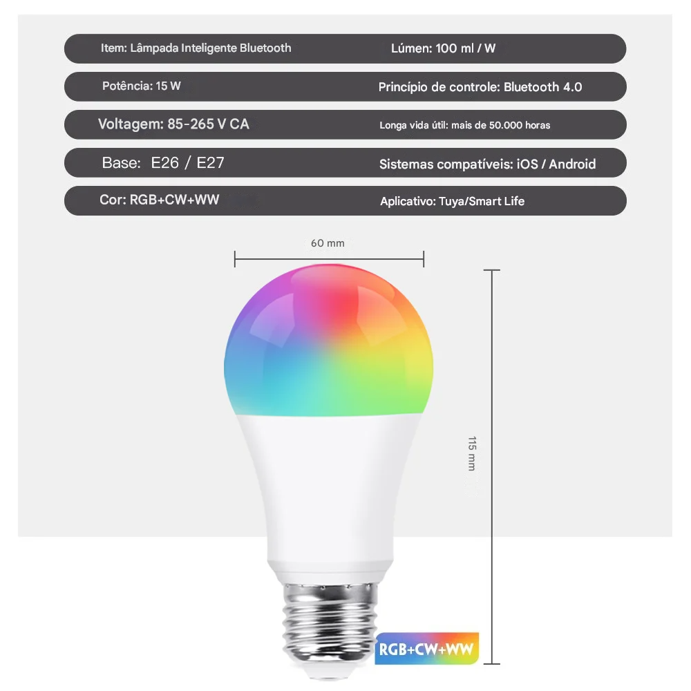 Lâmpada LED Inteligente Bluetooth Tuya 15W Regulável AC85-265V
