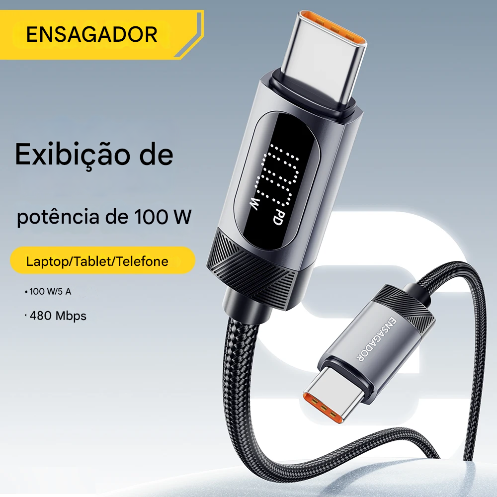 Cabo USB-C de alta potência com display digital, 100W, carregamento ultrarrápido. Ideal para dispositivos modernos.