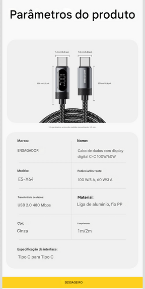 Cabo USB-C com Display 100W com Carregamento Rápido