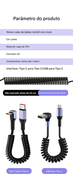 Cabo USB-C 66W Tipo Mola  com Carregamento Rápido Tipo-C