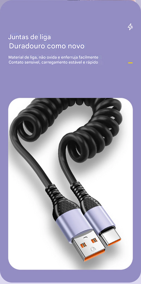 Cabo USB-C 66W Tipo Mola  com Carregamento Rápido Tipo-C