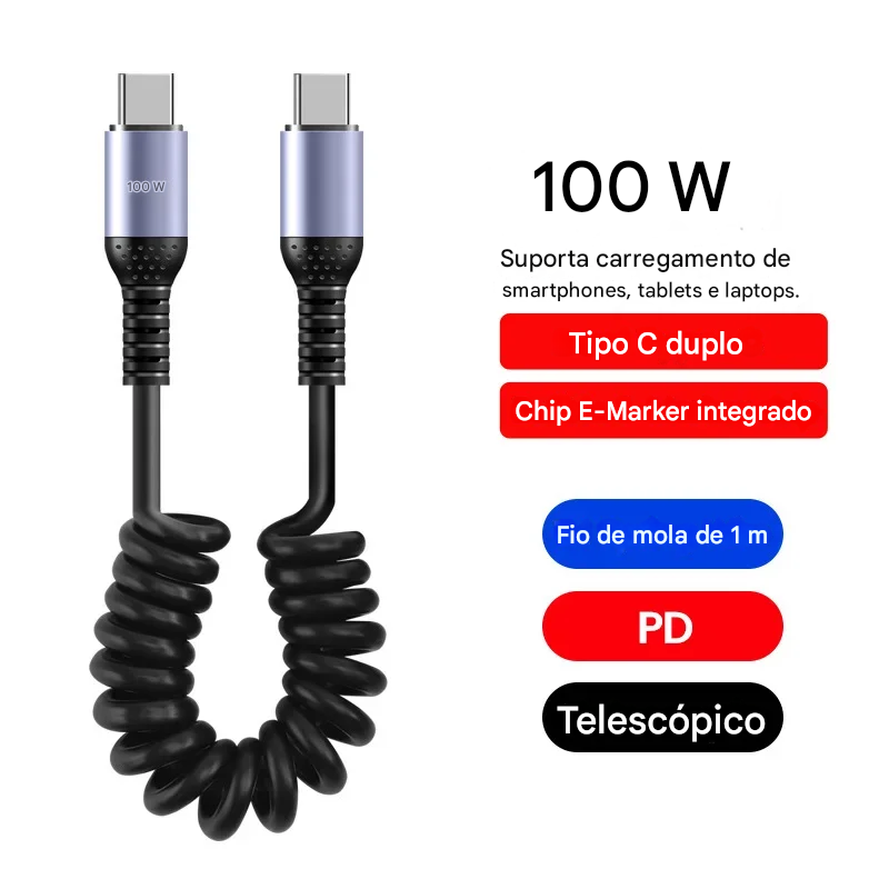 Cabo USB-C 66W Tipo Mola  com Carregamento Rápido Tipo-C