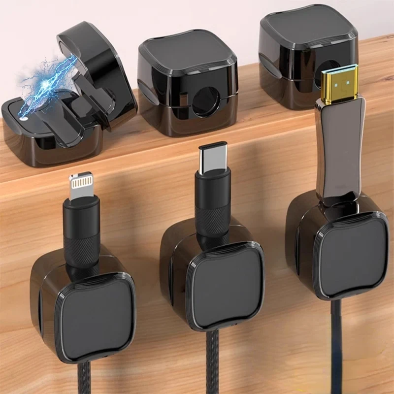 Mantenha seus cabos organizados e ao alcance com este elegante organizador magnético, ideal para mesas e escritórios modernos.