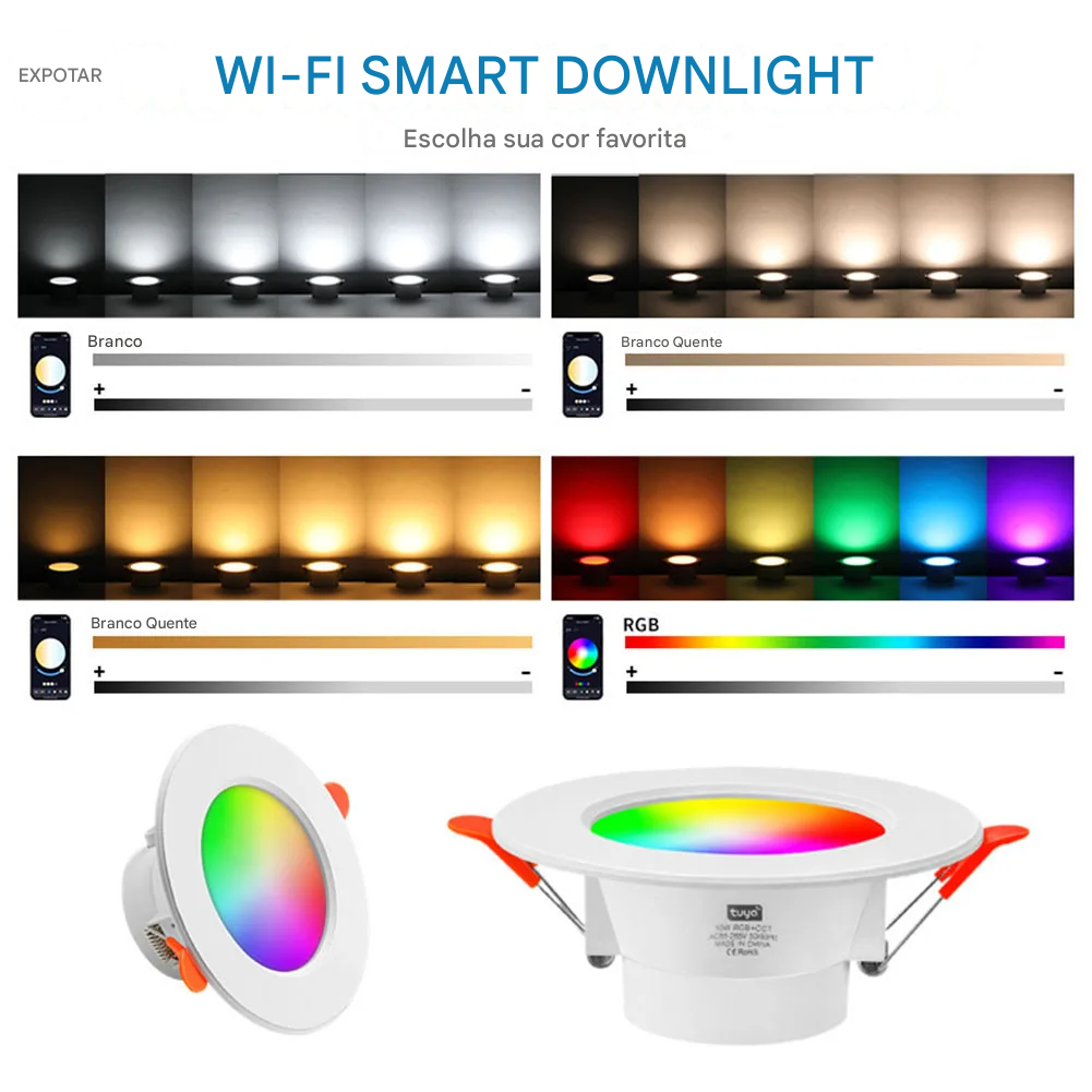 Kit 1-10 Spots de Luz LED Inteligente 10W RGB com Controle por App e Bluetoot