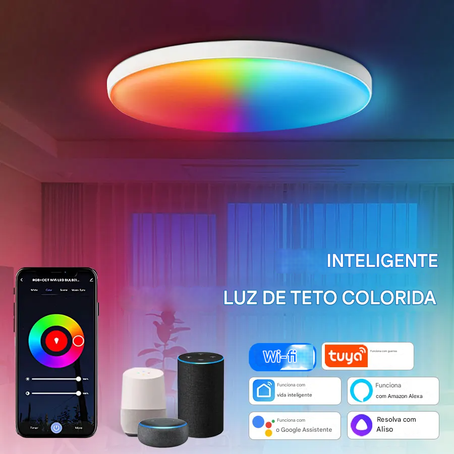 Luminária LED Plafon Inteligente 24W com controle Wi-Fi, compatível com o aplicativo Tuya, oferece iluminação RGB personalizada e ajuste de intensidade via smartphone. Ideal para criar ambientes modernos e conectados. Funciona em 220V.