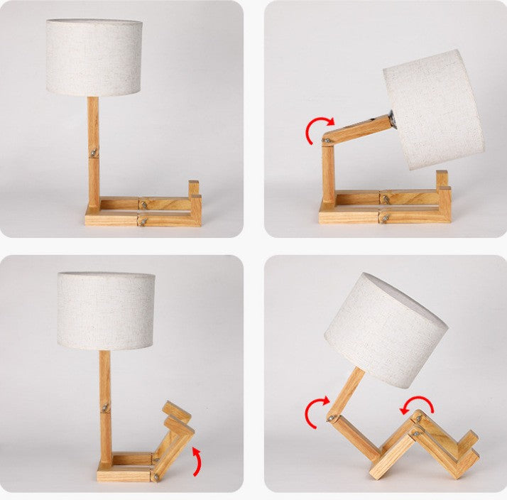 Luminária de Mesa Criativa Robô de Madeira para Leitura e Decoração Moderna