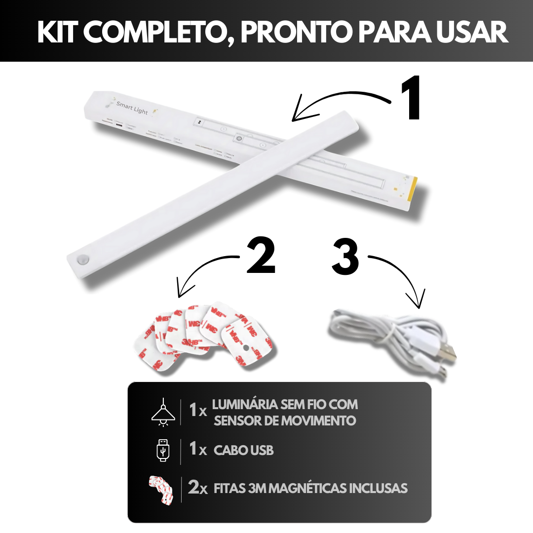 Kit Completo Luminária LED Sem Fio com Bateria Mega Potente Recarregável e Sensor de Movimento