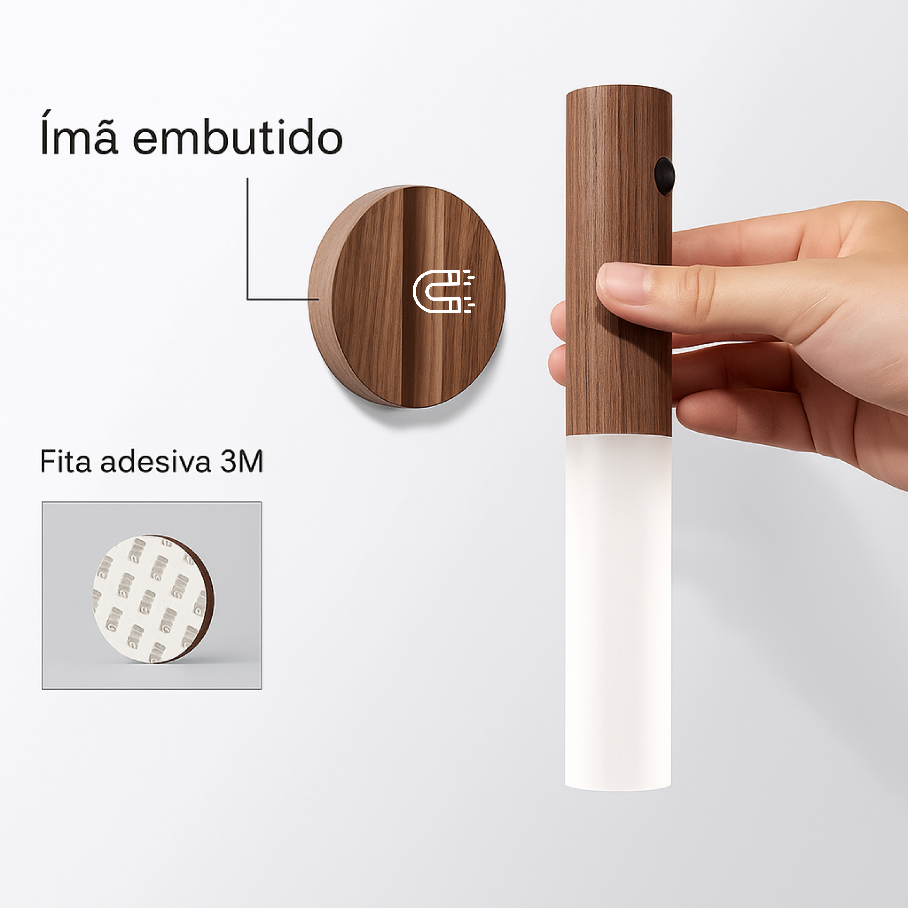 Luminária de Parede LED com Sensor Inteligente e Base de Madeira para Corredor Armário e Decoração
