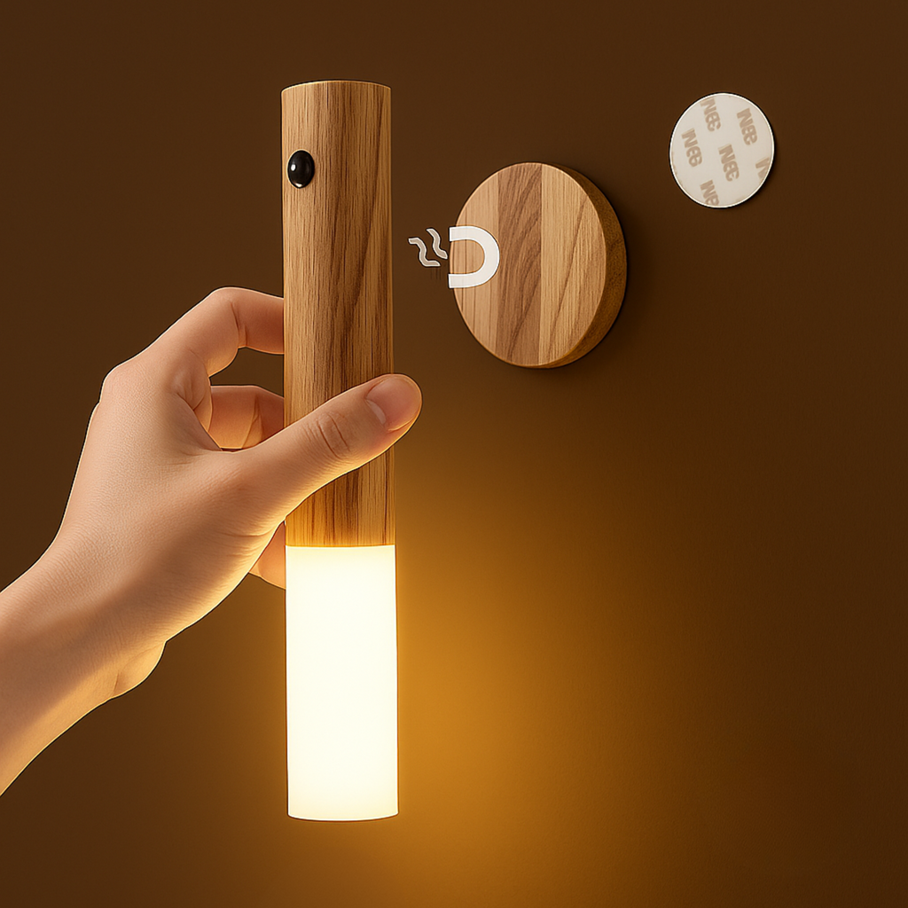 Luminária de Parede LED com Sensor Inteligente e Base de Madeira para Corredor Armário e Decoração