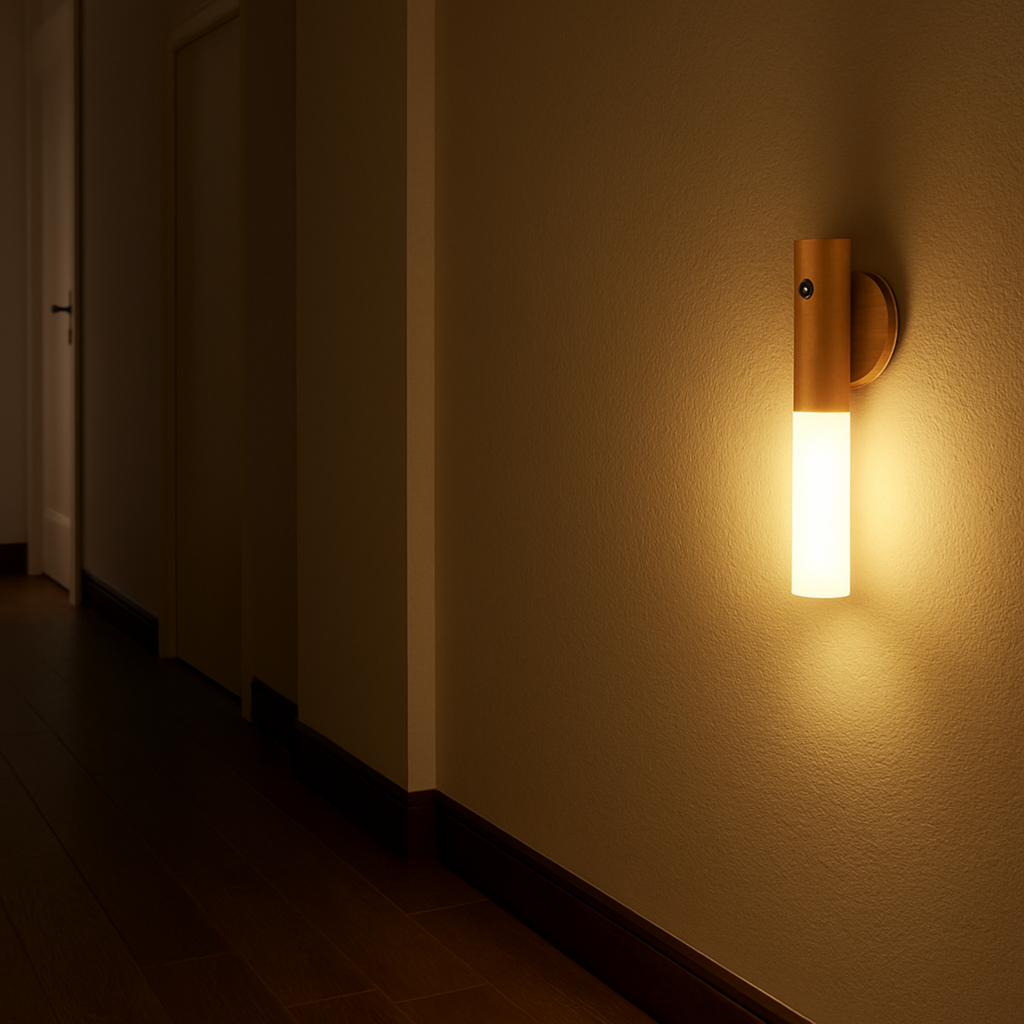 Luminária de Parede LED com Sensor Inteligente e Base de Madeira para Corredor Armário e Decoração