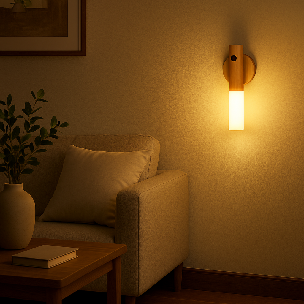 Luminária de Parede LED com Sensor Inteligente e Base de Madeira para Corredor Armário e Decoração