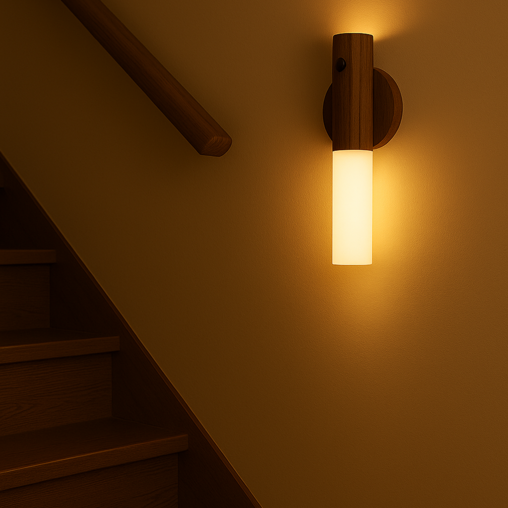 Luminária de Parede LED com Sensor Inteligente e Base de Madeira para Corredor Armário e Decoração