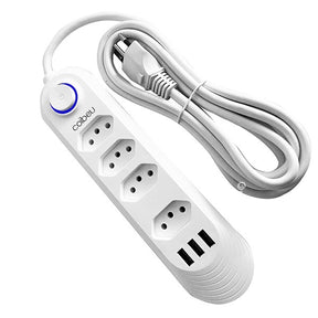 Régua de tomadas com extensão de 2 metros, portas USB integradas, compatível com voltagem 110-220V, design compacto e funcional no padrão Brasil. Ideal para conectar e carregar diversos dispositivos simultaneamente.