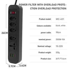Régua de Tomadas com Extensão e Portas USB - 2M 110-220V Multiplos Padrões