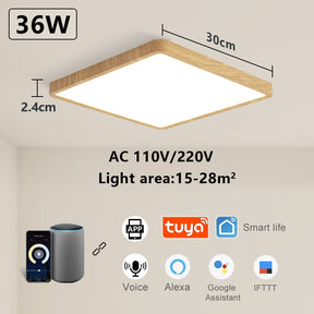 Luminária LED Plafon Smart LED com Acabamento em Madeira Controle Alexa e Google