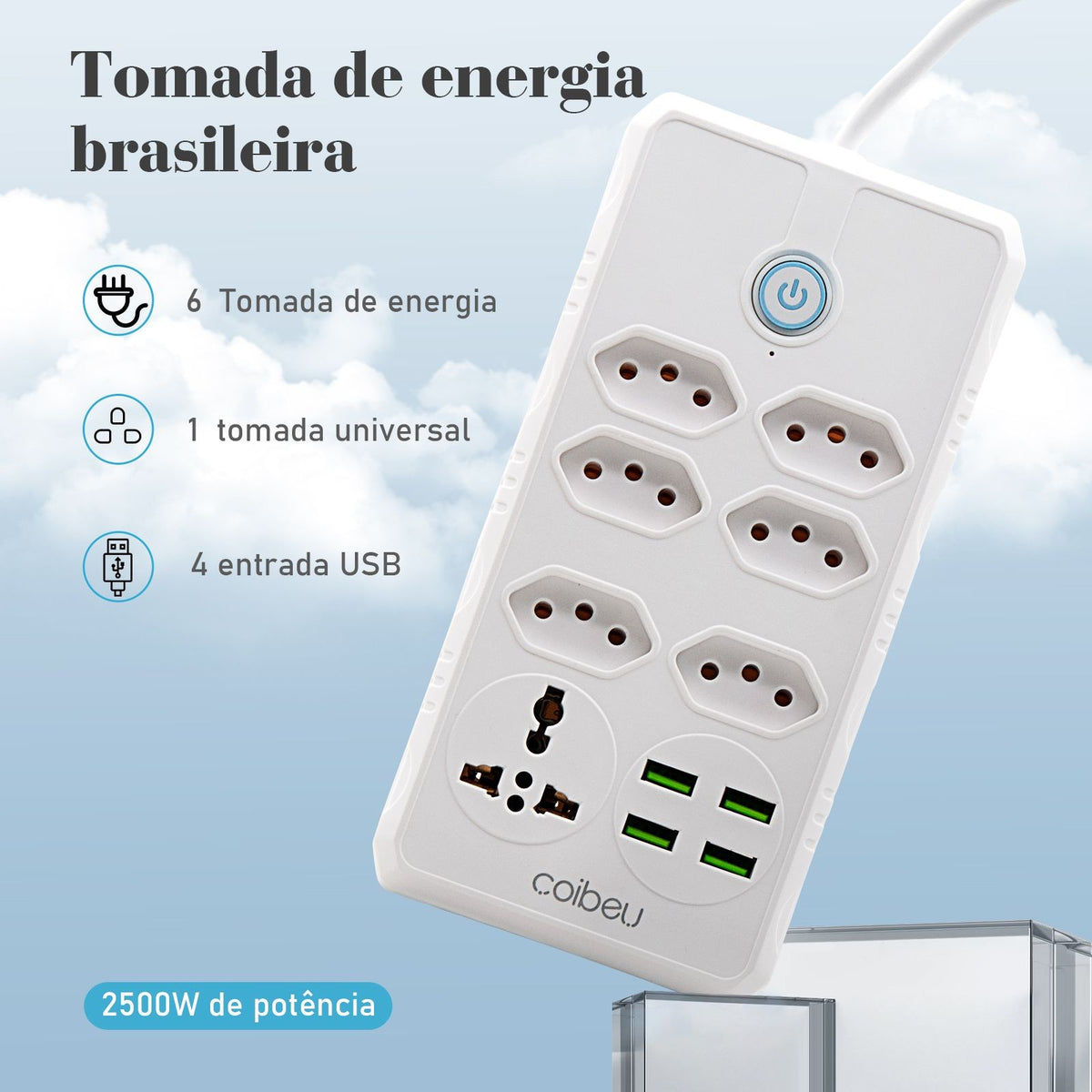 Régua de Tomadas com Extensão e Portas USB - 2M 110-220V Multiplos Padrões