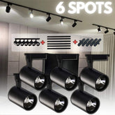 Conjunto de 6 Spots LED de Trilho em cor preta, ideal para iluminação versátil e moderna em ambientes internos, compatível com tensão de 220V.