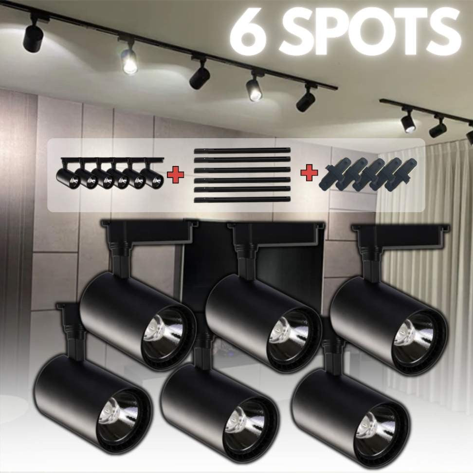 Conjunto de 6 Spots LED de Trilho em cor preta, ideal para iluminação versátil e moderna em ambientes internos, compatível com tensão de 220V.