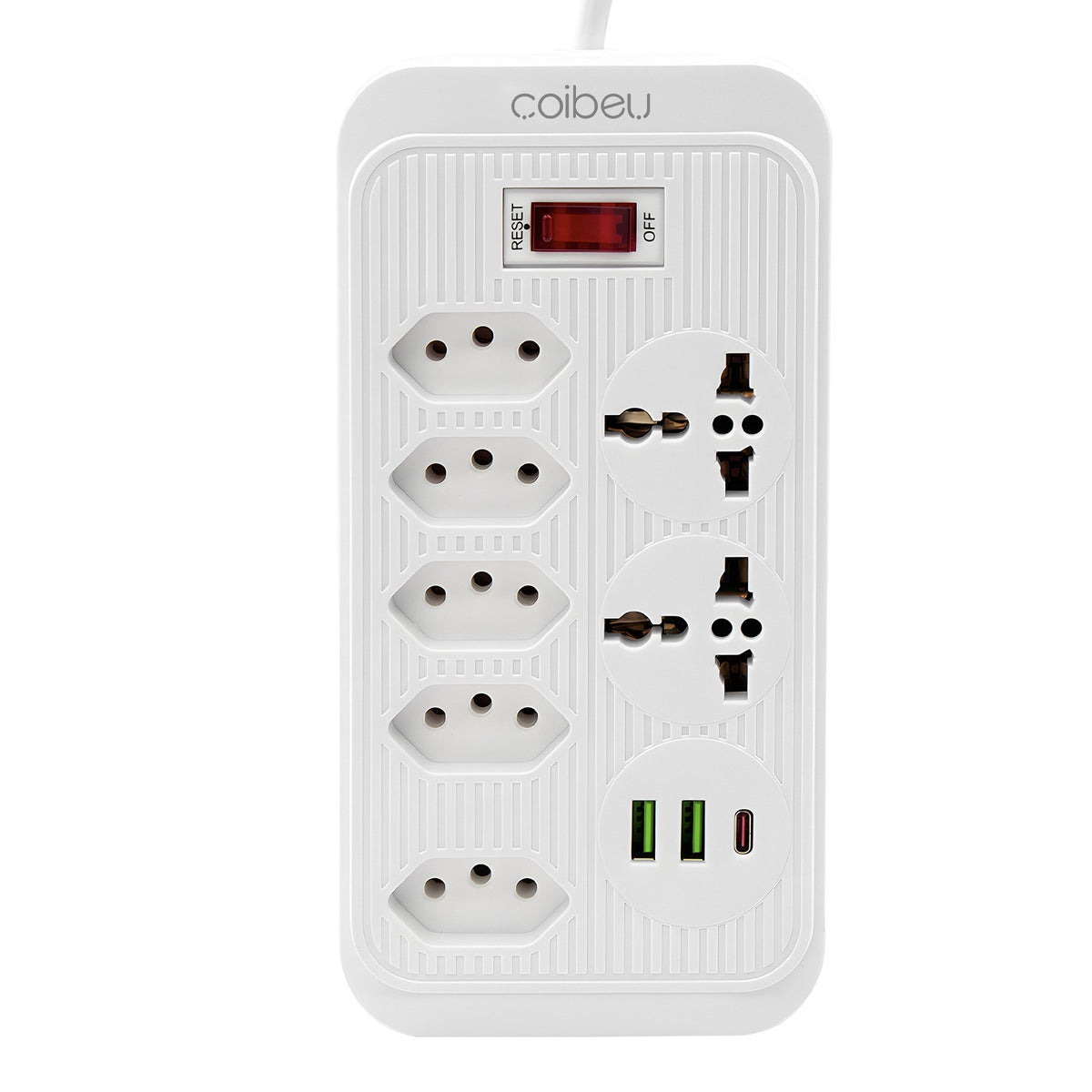 Régua de Tomadas com Extensão, 2 Metros, Compatível com 110-220V, Inclui Portas USB, Suporte para Múltiplos Padrões de Plugue.