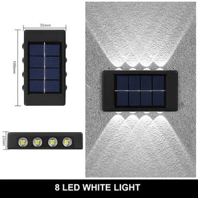 Luminária solar de parede com 8 LEDs brancos, resistente à água, ideal para iluminação externa automática.