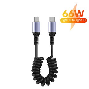 Cabo USB-C 66W Tipo Mola, Carregamento Rápido, Conector Tipo-C, Design Resistente e Flexível.