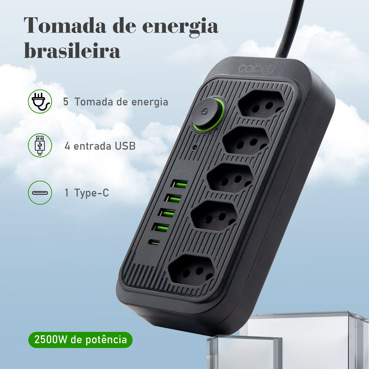 Régua de Tomadas com Extensão e Portas USB - 5M 110-220V Padrão Brasil