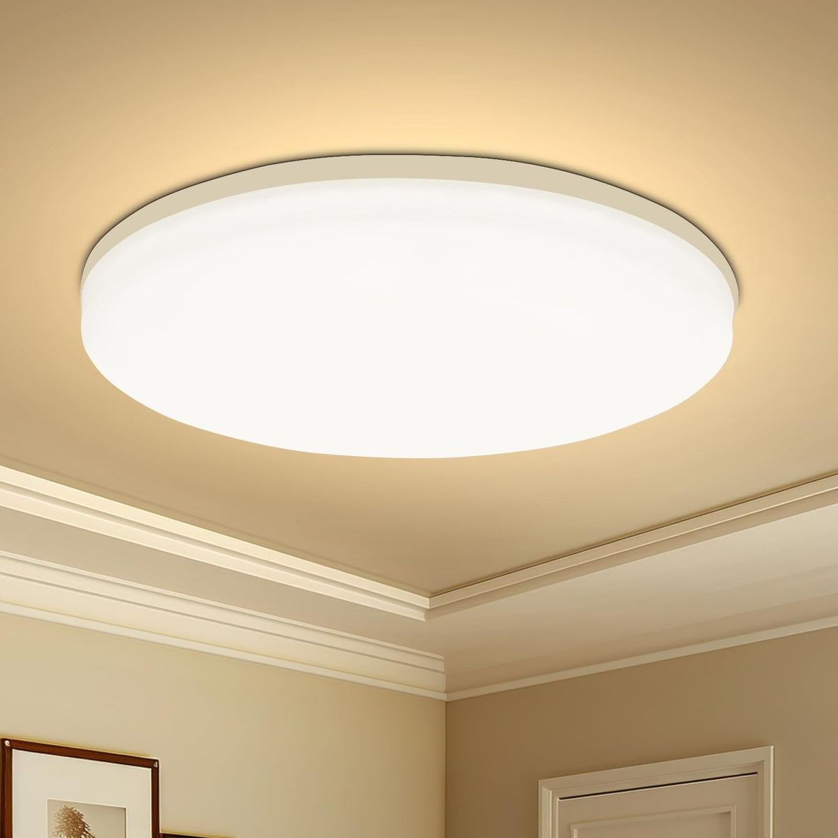 Luminária LED Plafon Redonda Moderna, disponível em potências de 18W, 24W, 36W e 48W, emitindo uma iluminação acolhedora em branco quente. Design elegante e sofisticado, ideal para qualquer ambiente, proporcionando eficiência energética e estilo contemporâneo.