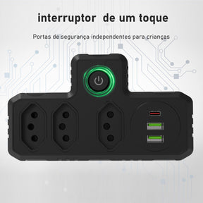Régua de Tomadas com Extensão e Portas USB - 2M 110-220V Multiplos Padrões