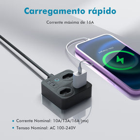 Régua de Tomadas com Extensão e Portas USB - 2M 110-220V Multiplos Padrões