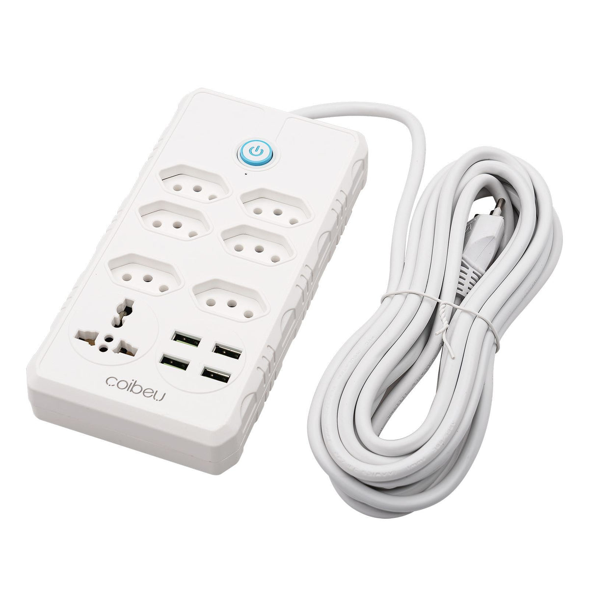 Régua de tomadas com extensão de 5 metros, compatível com voltagens de 110-220V, padrão Brasil, equipada com portas USB para carregamento prático e eficiente.
