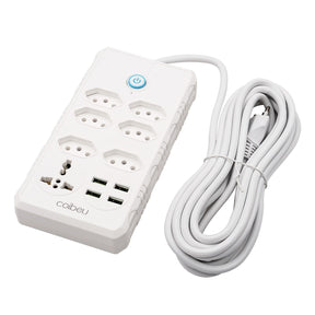 Régua de tomadas com extensão de 5 metros, compatível com voltagens de 110-220V, padrão Brasil, equipada com portas USB para carregamento prático e eficiente.