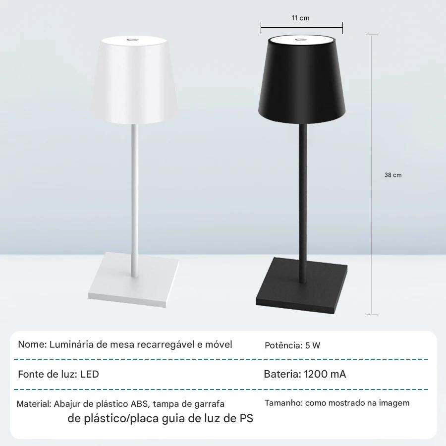 Luminária de Mesa LED Touch Recarregável com 3 níveis de Intensidade